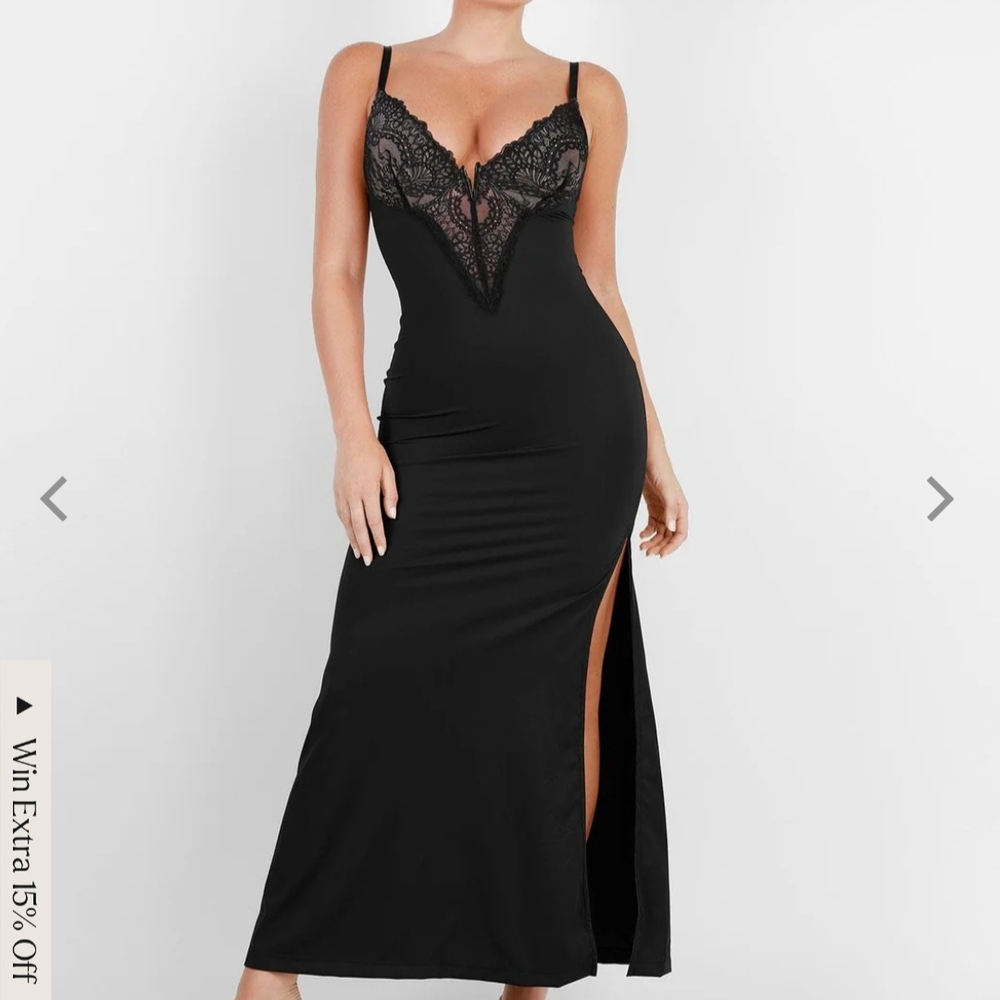 Popilush Shapewear Lace V Neck Side Slit Slimming Maxi Slip Dress